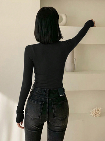 Γυναικεία πλεκτή μπλούζα με μακριά μανίκια, ημιυψηλός λαιμός, μονόχρωμο σχέδιο, χαλαρή γραμμή