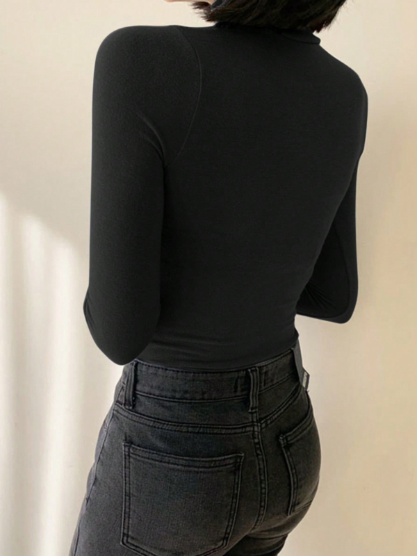 Top tricotat din poliester pentru femei, mâneci lungi, guler semi-înalt, model solid, stil casual