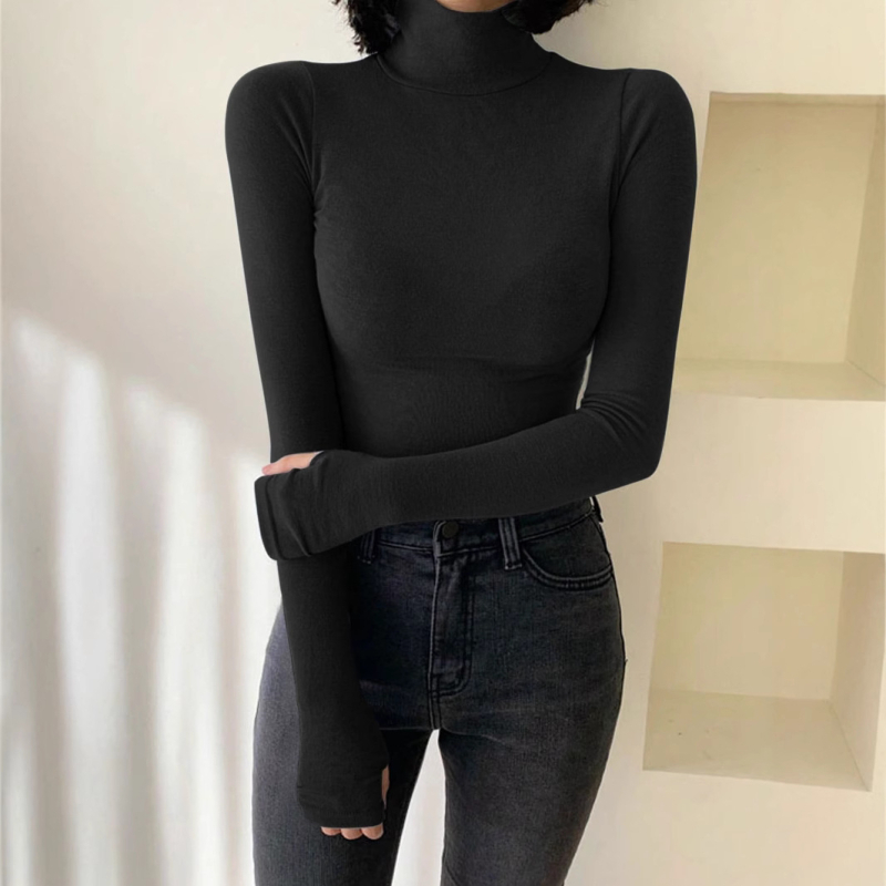 Top tricotat din poliester pentru femei, mâneci lungi, guler semi-înalt, model solid, stil casual