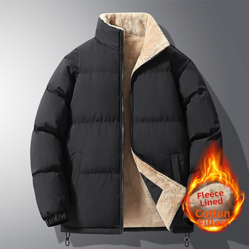 Ανδρικό παλτό από πολυεστέρα με επένδυση φλίς, στάσιμος γιακάς, φερμουάρ, χαλαρή γραμμή, για τον χειμώνα.