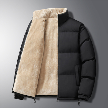 Ανδρικό παλτό από πολυεστέρα με επένδυση φλίς, στάσιμος γιακάς, φερμουάρ, χαλαρή γραμμή, για τον χειμώνα.