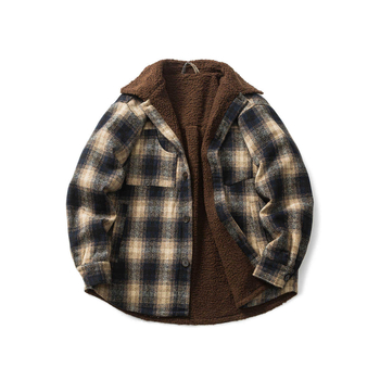 Muški karirani kaput s podstavom od ovčje vune i poliesterom ispunom, opuštenog kroja, jednoslojno kopčanje, rever, zima 2025
