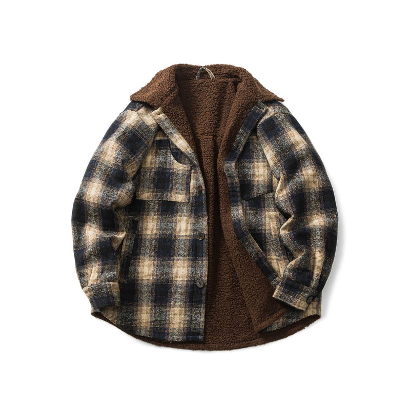 Muški karirani kaput s podstavom od ovčje vune i poliesterom ispunom, opuštenog kroja, jednoslojno kopčanje, rever, zima 2025