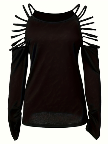 Τ‑shirt με μακριά μανίκια, χαλαρή γραμμή, στρογγυλός λαιμός, πολυεστέρας-ελαστάν, διακοσμητικές ραφές