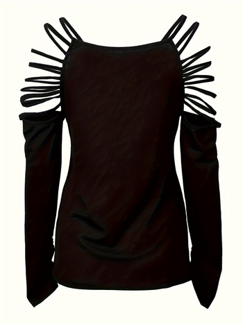 Τ‑shirt με μακριά μανίκια, χαλαρή γραμμή, στρογγυλός λαιμός, πολυεστέρας-ελαστάν, διακοσμητικές ραφές