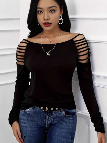 Τ‑shirt με μακριά μανίκια, χαλαρή γραμμή, στρογγυλός λαιμός, πολυεστέρας-ελαστάν, διακοσμητικές ραφές