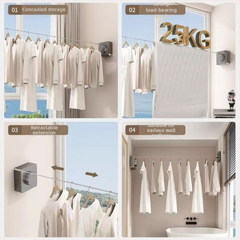 Balkona žāvēšanas aukla ar teleskopisku uzstādīšanu bez urbumiem — 304 nerūsējošā tērauda troses, ABS + alumīnija pamats