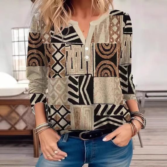 Tricou de damă cu decolteu în V, model geometric, mâneci lungi, poliester, imprimare, croială normală