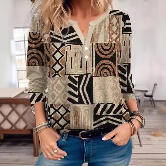 Tricou de damă cu decolteu în V, model geometric, mâneci lungi, poliester, imprimare, croială normală