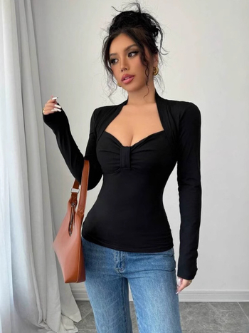 Γυναικείο T-shirt με μακριά μανίκια, στενή γραμμή Slim, πολυεστέρας και ελαστάν, σχέδιο collage, λαιμόκοψη τύπου half-turtleneck