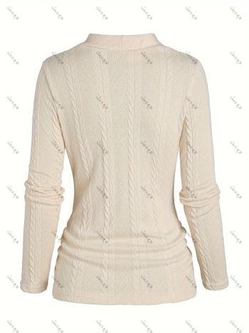 Γυναικείο τοπ με μακριά μανίκια σε στυλ Y2K, πλεκτή υφή με στριφτή πλέξη, ψεύτικα κουμπιά, τετράγωνο γιακά, πολυεστέρας 95%+