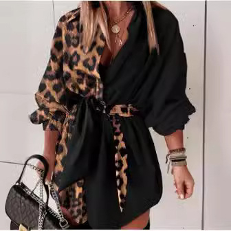 Φόρεμα-πουκάμισο με λεοπάρ τύπωμα και αντίθεση ραφών, πολυεστέρας, V-λαιμός, γραμμή Α, μεσαίο μήκος