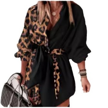 Φόρεμα-πουκάμισο με λεοπάρ τύπωμα και αντίθεση ραφών, πολυεστέρας, V-λαιμός, γραμμή Α, μεσαίο μήκος