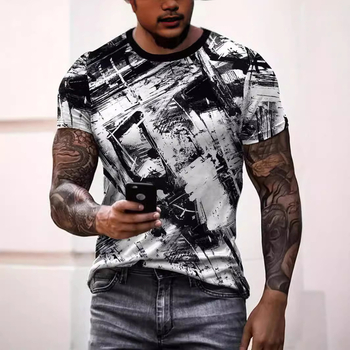 Ανδρική κοντομάνικη μπλούζα, ελεύθερη γραμμή, πολυεστέρας (ύφασμα Bird’s Eye), 3D ψηφιακή εκτύπωση, στρογγυλός λαιμός, κοντά μανίκια