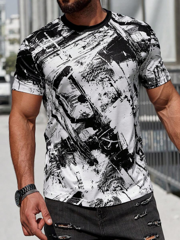 Ανδρική κοντομάνικη μπλούζα, ελεύθερη γραμμή, πολυεστέρας (ύφασμα Bird’s Eye), 3D ψηφιακή εκτύπωση, στρογγυλός λαιμός, κοντά μανίκια