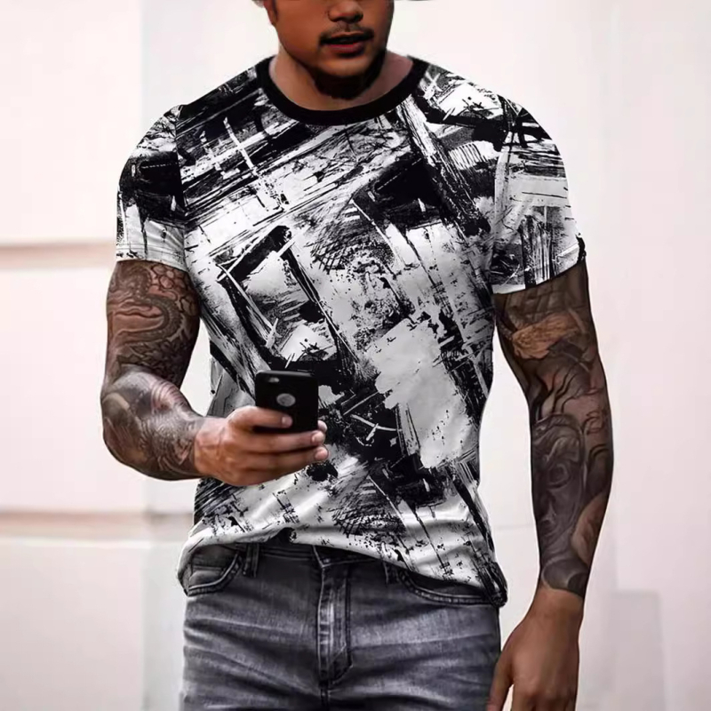 Ανδρική κοντομάνικη μπλούζα, ελεύθερη γραμμή, πολυεστέρας (ύφασμα Bird’s Eye), 3D ψηφιακή εκτύπωση, στρογγυλός λαιμός, κοντά μανίκια