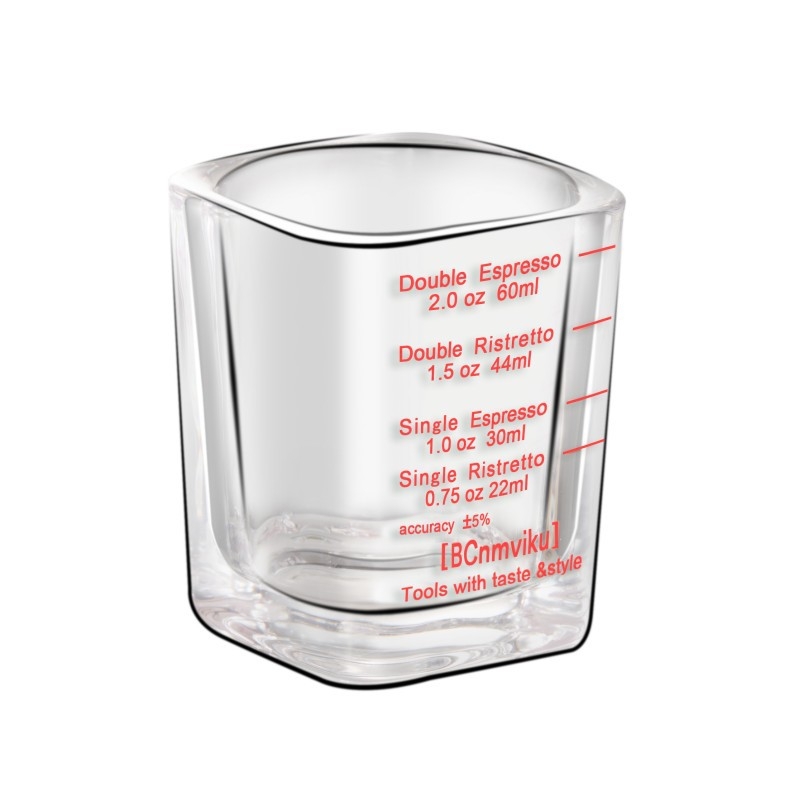 Γυάλινο ποτήρι εσπρέσο με παχύτερο πάτο, τετράγωνο σχήμα, με κλίμακα μέτρησης για ακριβή παρασκευή καφέ