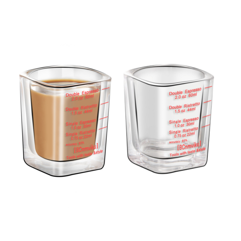 Γυάλινο ποτήρι εσπρέσο με παχύτερο πάτο, τετράγωνο σχήμα, με κλίμακα μέτρησης για ακριβή παρασκευή καφέ