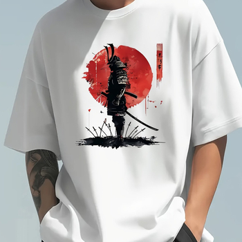 Pamučna majica s japanskim printom, okrugli izrez, kratki rukavi, ljeto 2024, streetwear stil