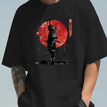 Βαμβακερό T‑shirt με ιαπωνικό σχέδιο, στρογγυλή λαιμόκοψη, κοντά μανίκια, καλοκαίρι 2024, streetwear στυλ