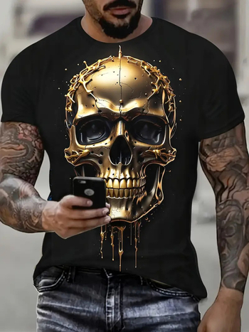 Ανδρικό T-shirt με 3D εκτύπωση σκελετού, κοντά μανίκια, στρογγυλός λαιμός, ελαφρύ καλοκαιρινό T-shirt