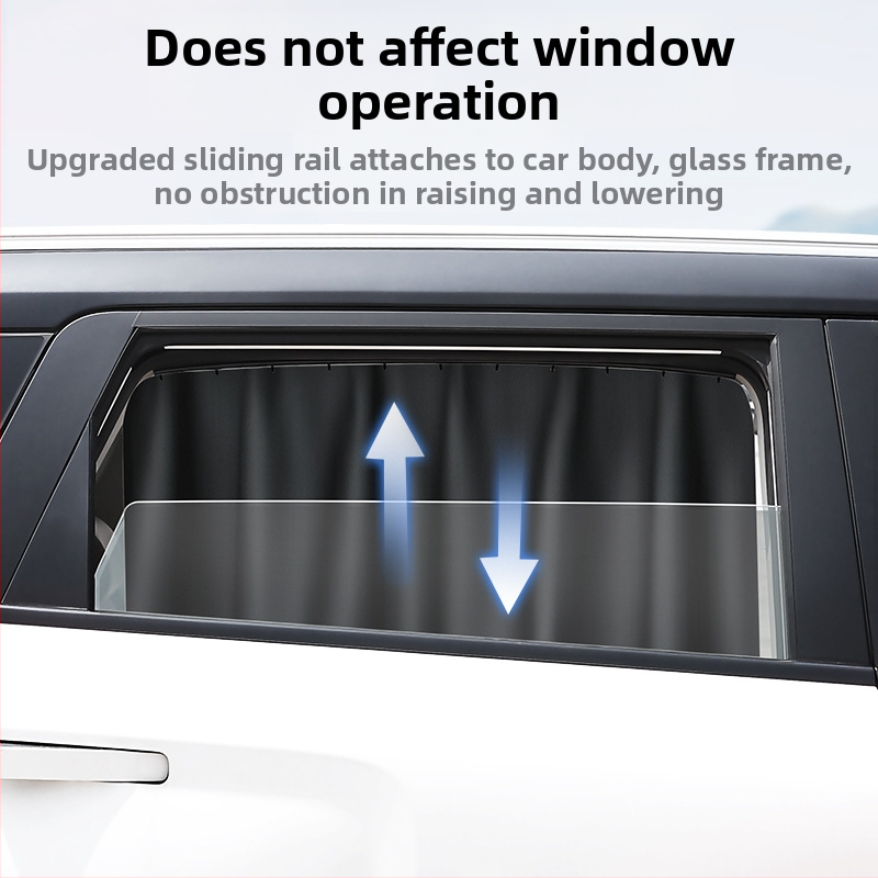 Задна странична автомобилна завеса за прозореца с релсов тип слънцезащита; непрозрачен полиестер, универсално пасване, висящ монтаж