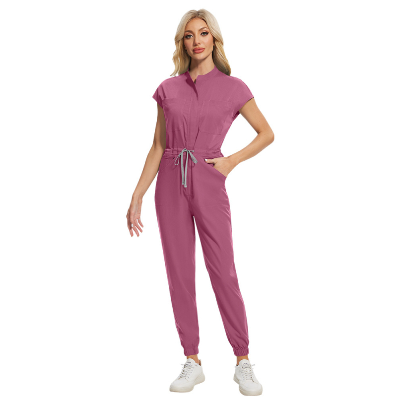 Медицински гащеризон със цип и стоеща яка, унисекс, къси ръкави, влагоотводящ полиестер-еластан