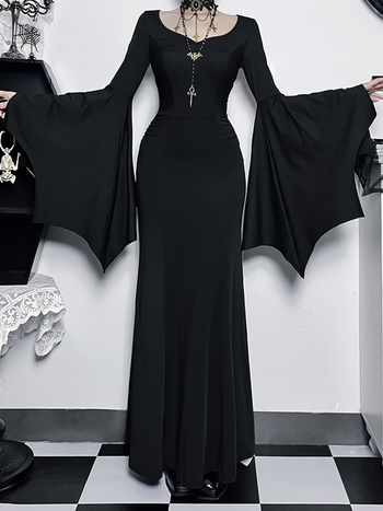 Rochie în stil Gothic Punk, cu mâneci bat, guler rotund, fustă în formă de coadă de pește, talie înaltă, poliester cu elastan