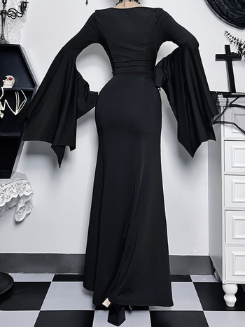 Φόρεμα Gothic Punk σε στυλ εφαρμοστό με μανίκια τύπου μπατ, στρογγυλός λαιμός, φούστα σε σχήμα ουράς ψαριού, υψηλή μέση, πολυεστέρας με σπάντεξ