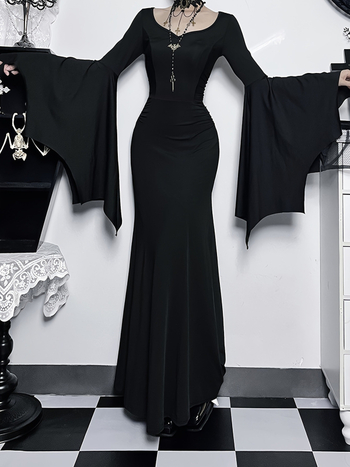 Φόρεμα Gothic Punk σε στυλ εφαρμοστό με μανίκια τύπου μπατ, στρογγυλός λαιμός, φούστα σε σχήμα ουράς ψαριού, υψηλή μέση, πολυεστέρας με σπάντεξ