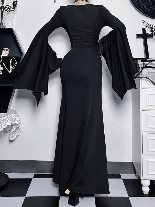 Rochie în stil Gothic Punk, cu mâneci bat, guler rotund, fustă în formă de coadă de pește, talie înaltă, poliester cu elastan