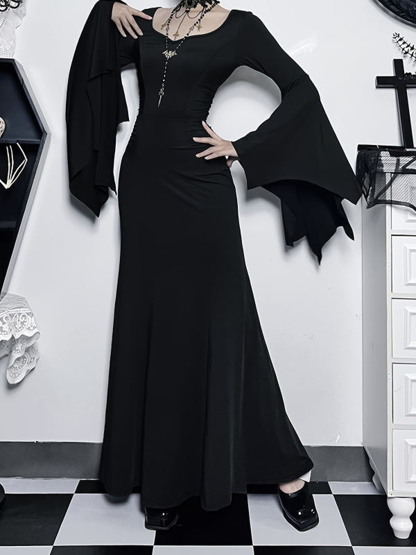 Rochie în stil Gothic Punk, cu mâneci bat, guler rotund, fustă în formă de coadă de pește, talie înaltă, poliester cu elastan