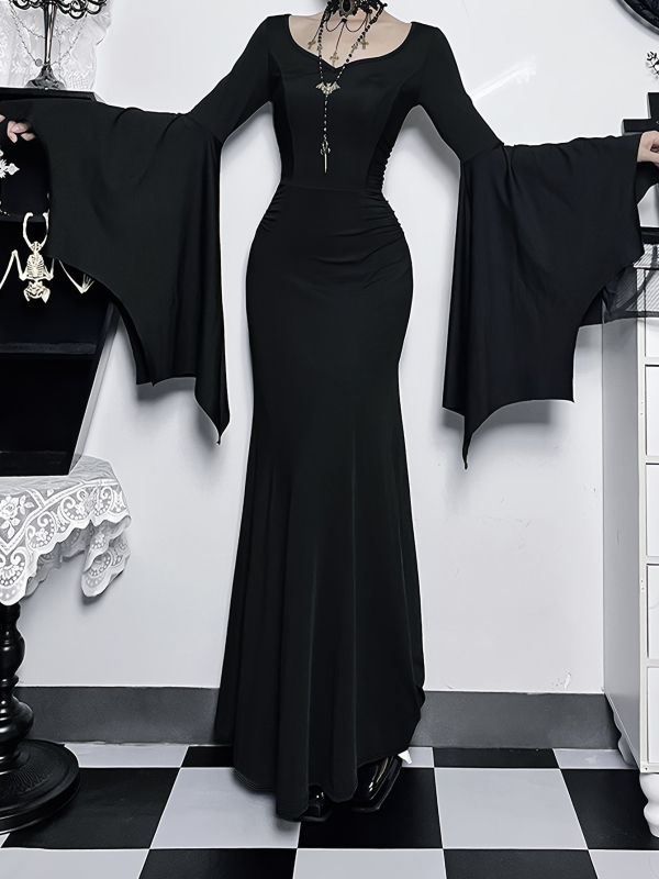 Rochie în stil Gothic Punk, cu mâneci bat, guler rotund, fustă în formă de coadă de pește, talie înaltă, poliester cu elastan
