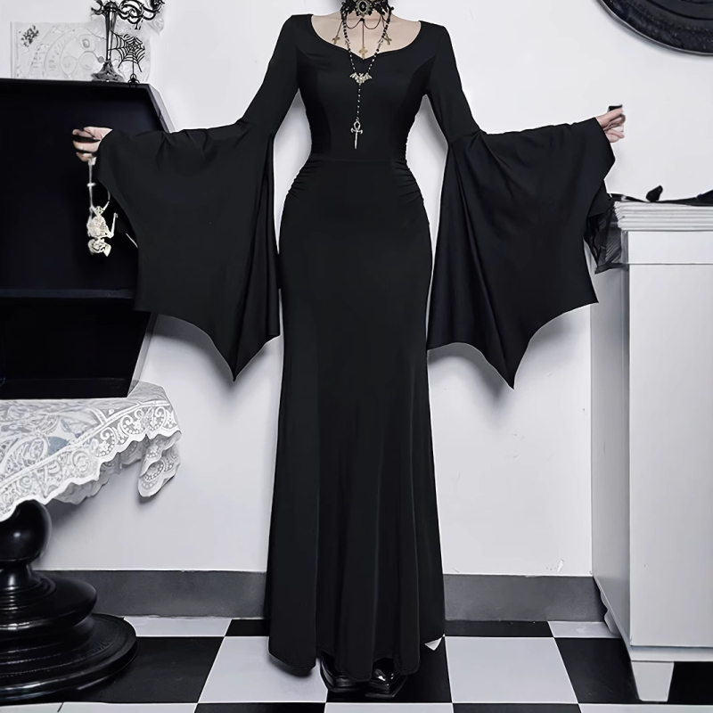 Rochie în stil Gothic Punk, cu mâneci bat, guler rotund, fustă în formă de coadă de pește, talie înaltă, poliester cu elastan