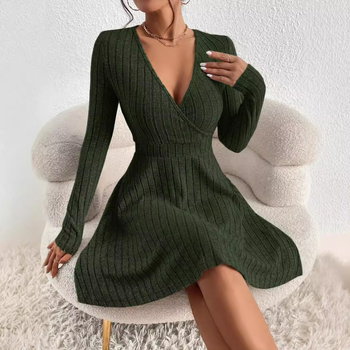 Φόρεμα με V-λαιμό, υψηλή μέση, μακριά μανίκια, γραμμή Α, κοντή φούστα, πολυεστέρας