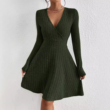 Φόρεμα με V-λαιμό, υψηλή μέση, μακριά μανίκια, γραμμή Α, κοντή φούστα, πολυεστέρας