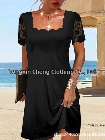 Φόρεμα με τετράγωνο γιακά, κοντά μανίκια, Α-γραμμή, μεσαίο μήκος