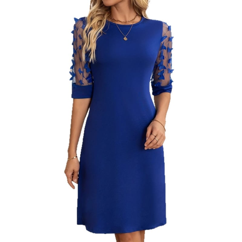 Rochie din poliester cu elastan, culoare solidă, colaj/splicing, guler rotund, croială tip A