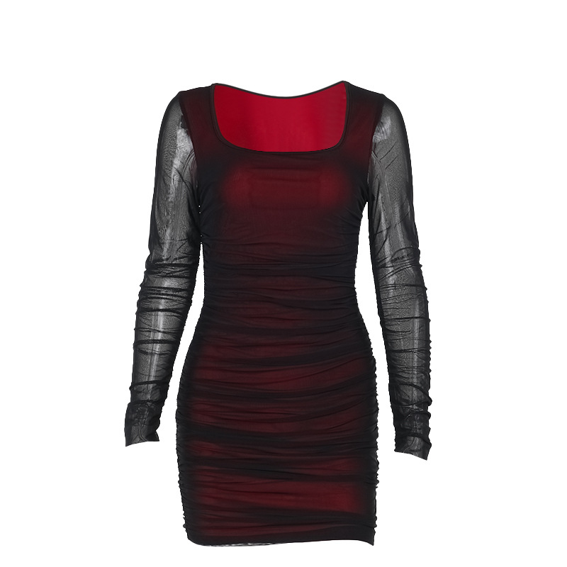 Rochie din plasă cu mâneci lungi, croială mulată pe șolduri, decolteu drept, talie înaltă, material poliester-elastan