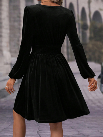 Γυναικεία μακρυμάνικη πλισέ Φόρεμα σε Α-γραμμή με V-λαιμό, μονόχρωμο, κοντή γραμμή, υψηλή μέση, pull-over casual στυλ