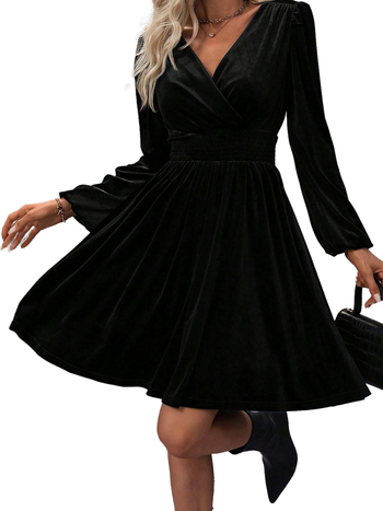 Γυναικεία μακρυμάνικη πλισέ Φόρεμα σε Α-γραμμή με V-λαιμό, μονόχρωμο, κοντή γραμμή, υψηλή μέση, pull-over casual στυλ