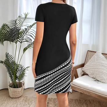 Γυναικείο φόρεμα σε γραμμή Α, midi μήκος, στρογγυλός λαιμός, κοντά μανίκια, εκτύπωση collage σε πολυεστέρα με ελαστάνη