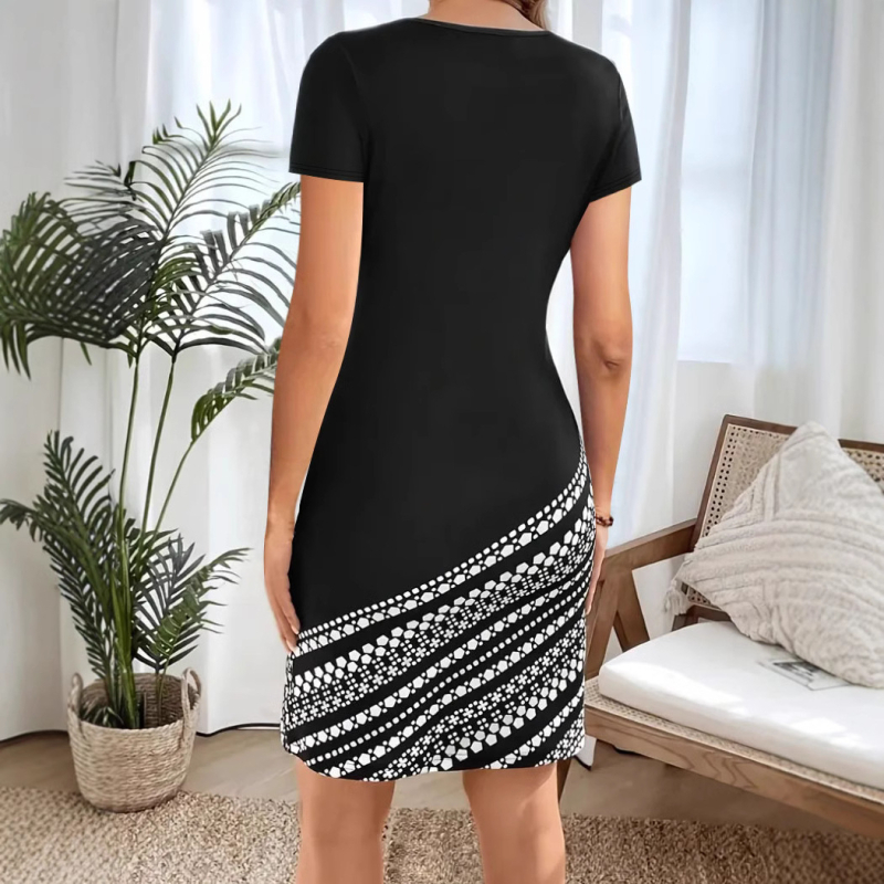 Rochie midi A-line, guler rotund, mâneci scurte, imprimeu colaj, poliester cu elastan