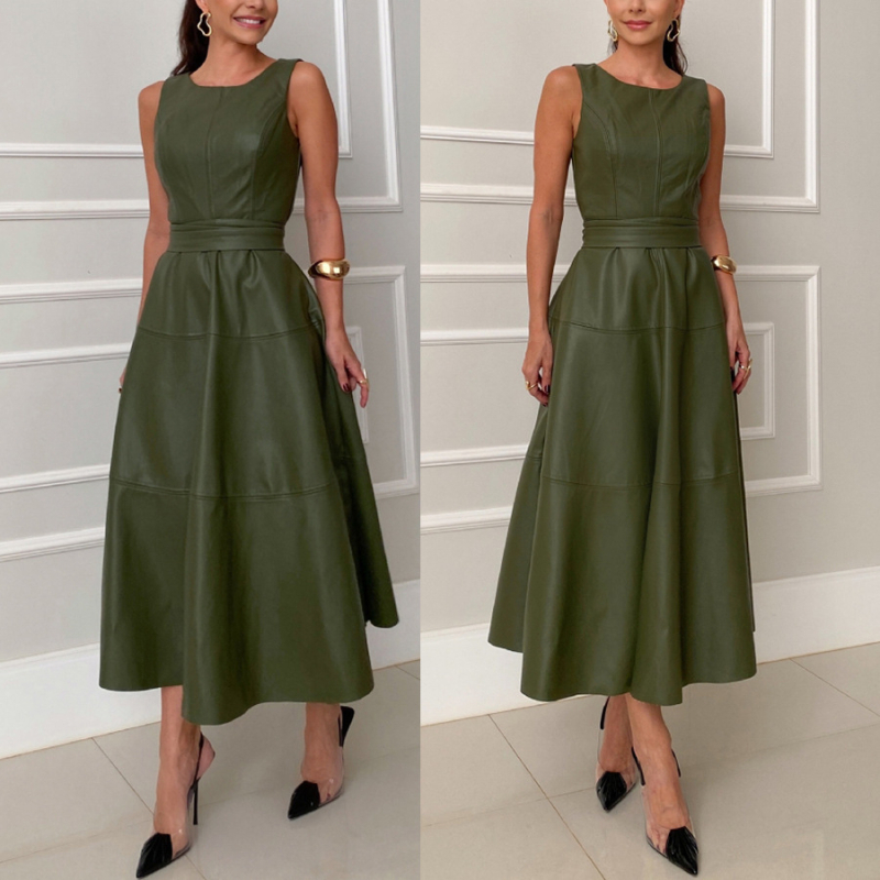 Rochie din PU piele cu amestec de poliester, lungime midi, croială A-line, guler rotund, fără mâneci