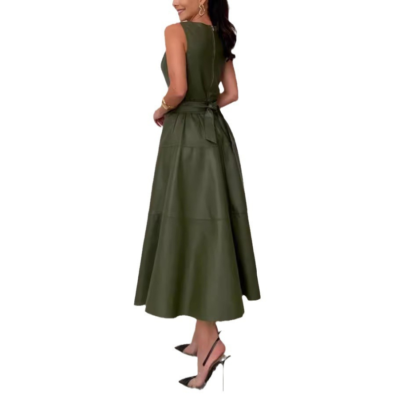 Rochie din PU piele cu amestec de poliester, lungime midi, croială A-line, guler rotund, fără mâneci