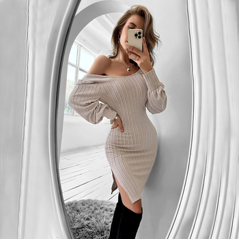 Φόρεμα με μακριά μανίκια, φουσκωτά μανίκια, U-λαιμόκοψη, μίγμα βαμβακιού-πολυεστέρα, στενή γραμμή