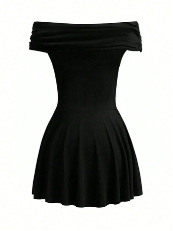 Φόρεμα με γιακά γραμμής, υψηλή μέση, Α-γραμμής πλισέ φούστα, κοντά μανίκια, ύφασμα πολυεστερ-ελαστάν