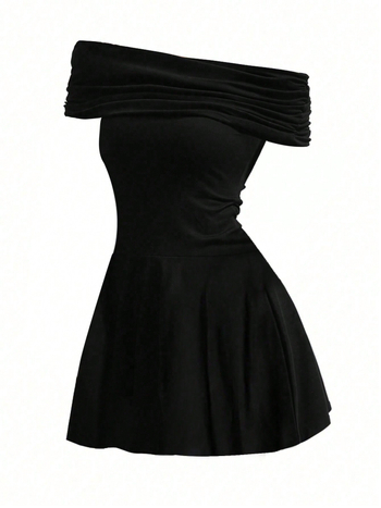 Φόρεμα με γιακά γραμμής, υψηλή μέση, Α-γραμμής πλισέ φούστα, κοντά μανίκια, ύφασμα πολυεστερ-ελαστάν