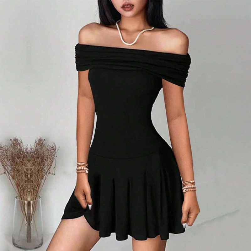 rochie cu guler de un singur rând, talie înaltă, A-line plisată, poliester-elastan