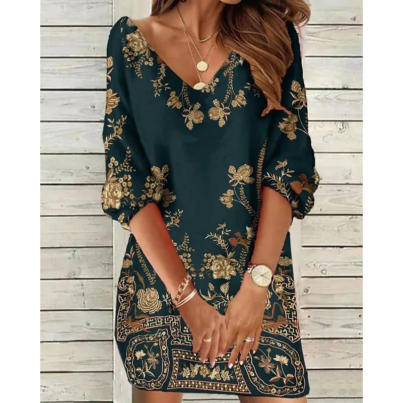 Duga haljina s dugim rukavima, floralni uzorak, V izrez, poliester, pull-on, casual stil